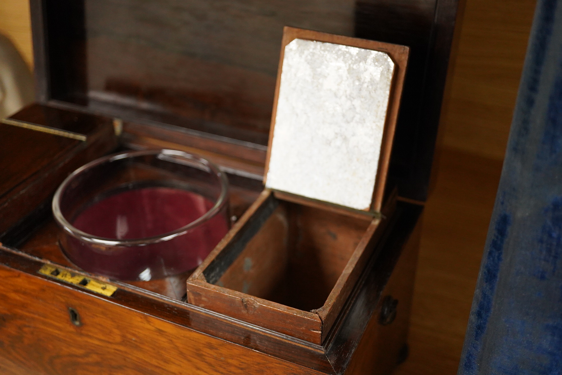 A mid 19th century rosewood tea caddy with glass mixing bowl, 32cm wide